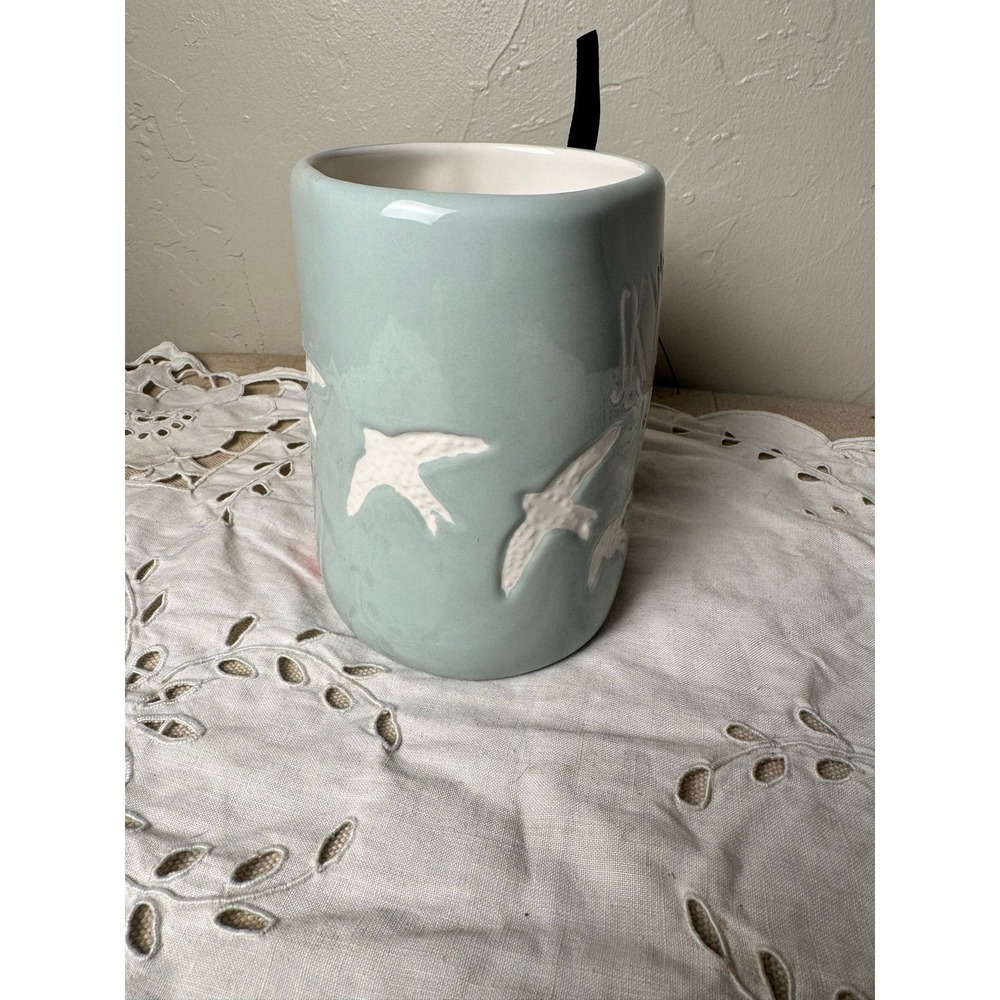 Rae Dunn SKY'S THE LIMIT mug teal w/ swallows - Picture 2 of 4